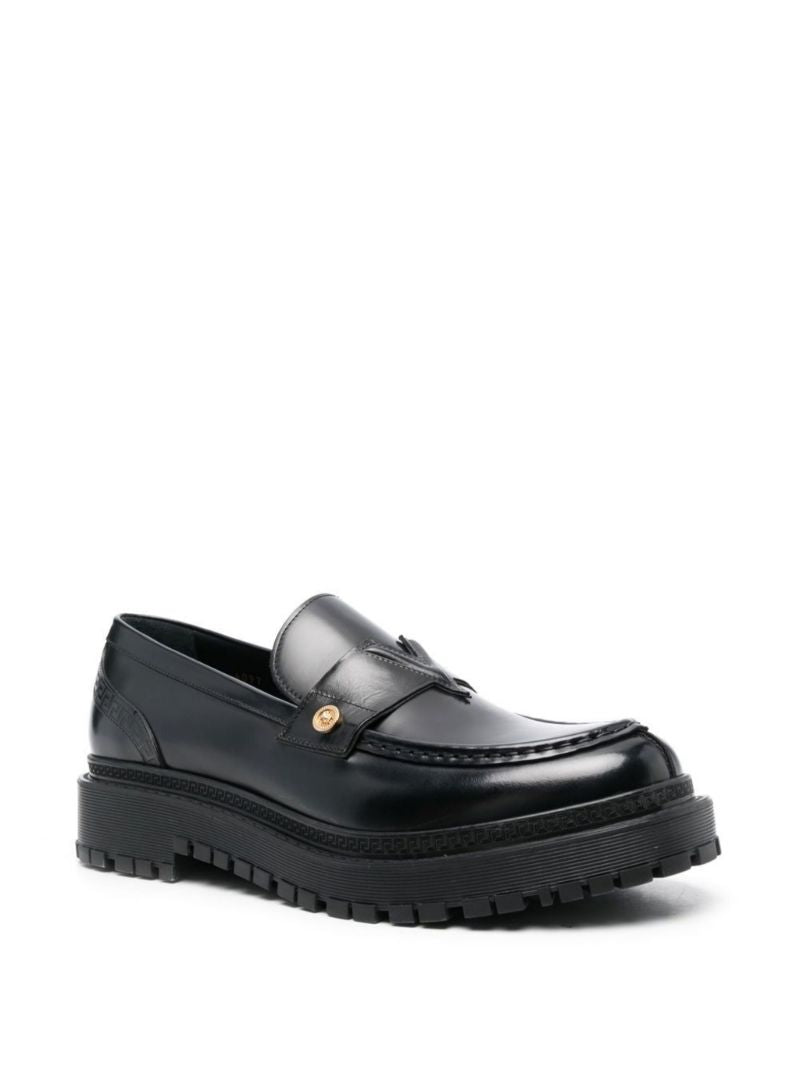 Black Medusa Logo Leather Loafers