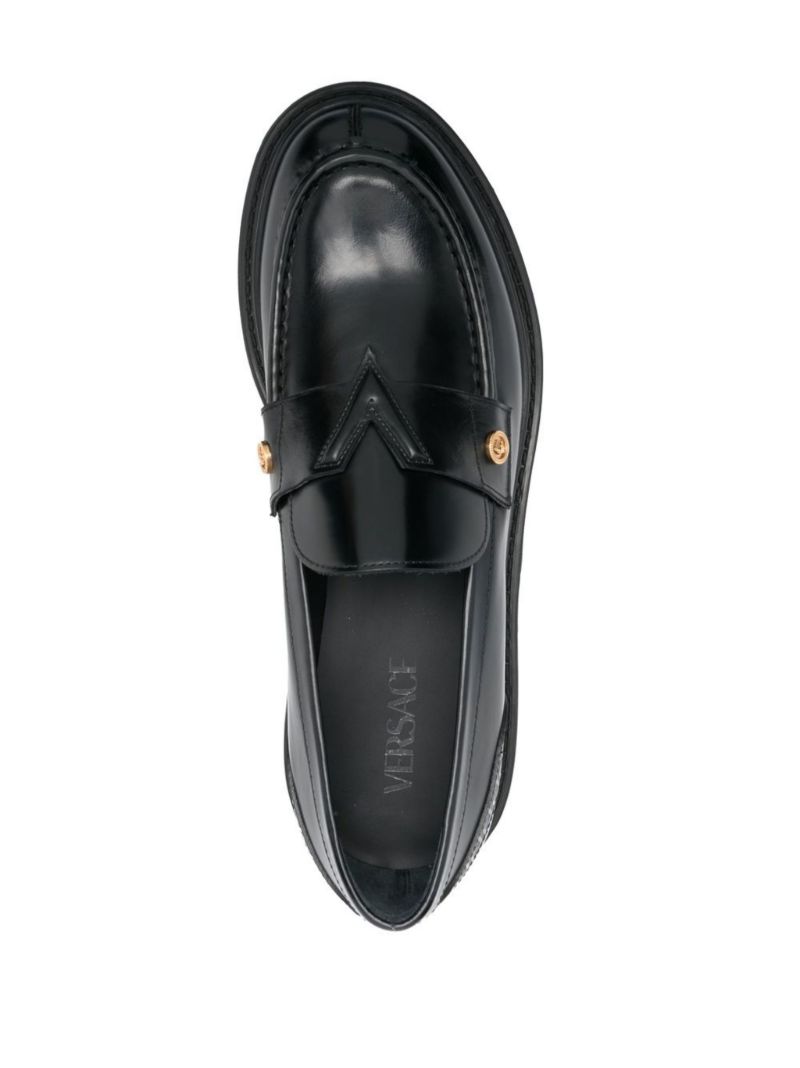 Black Medusa Logo Leather Loafers