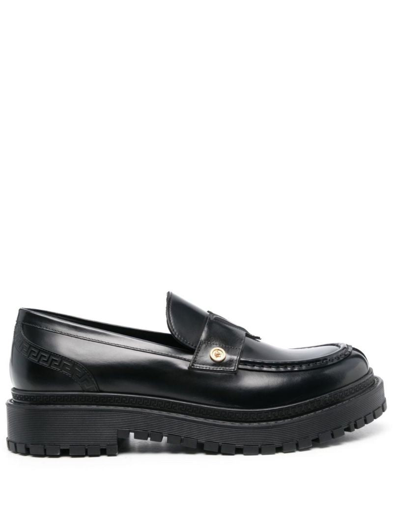 Black Medusa Logo Leather Loafers