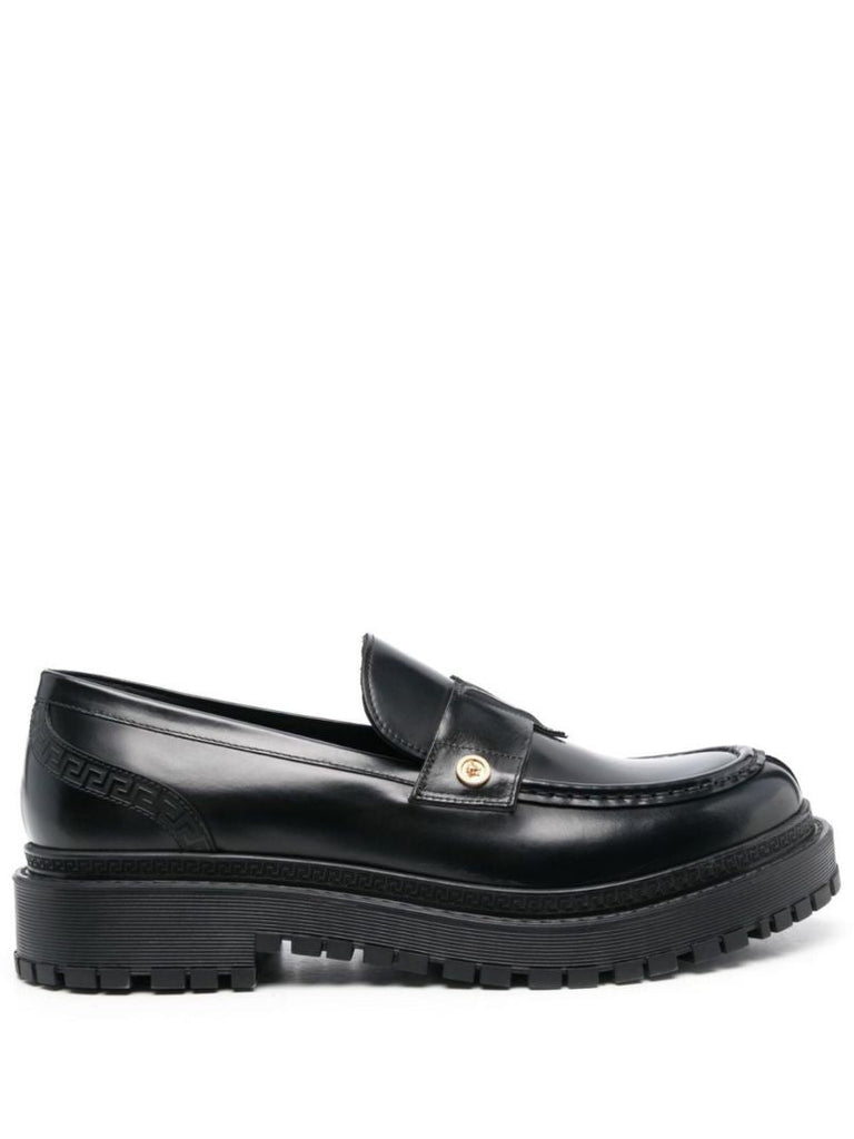 Black Medusa Logo Leather Loafers