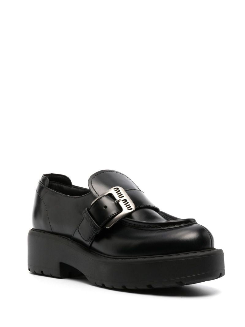 Black Chunky Buckled Leather Loafers