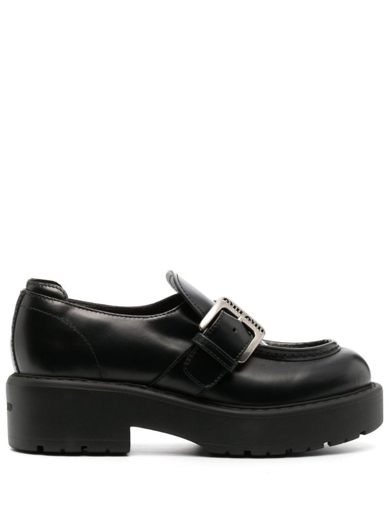 Black Chunky Buckled Leather Loafers