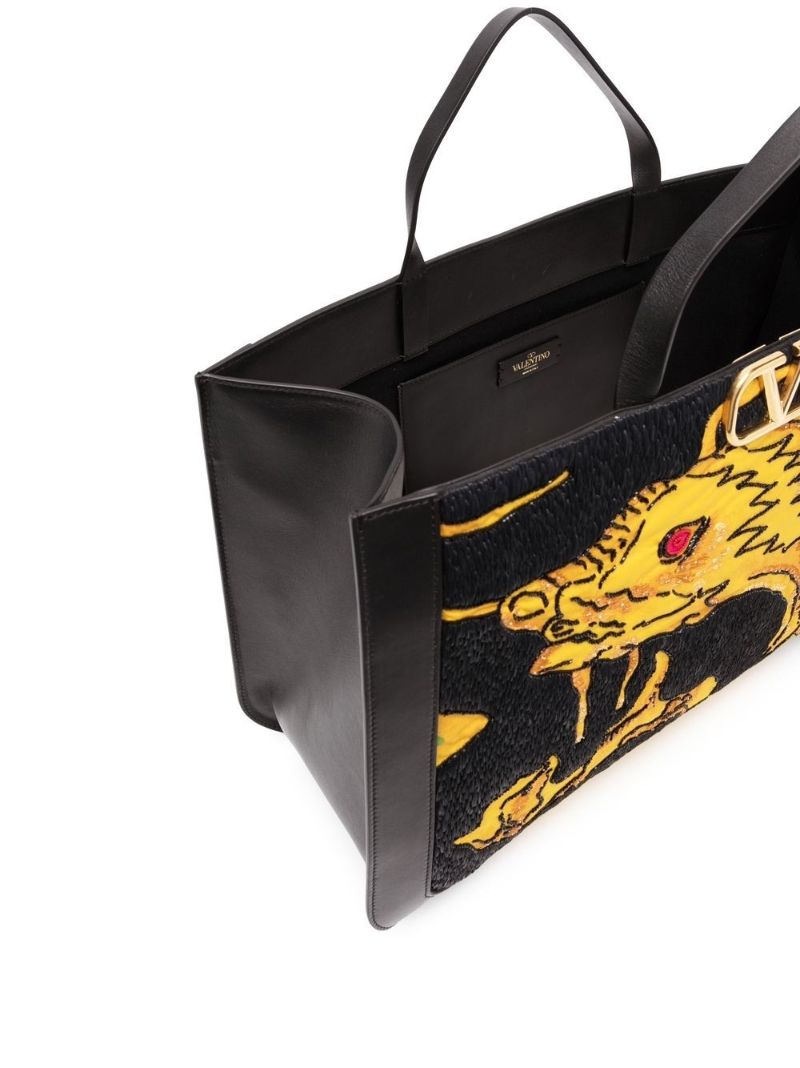 Black Drago Re-edition Vlogo Embroidered Leather Tote Bag