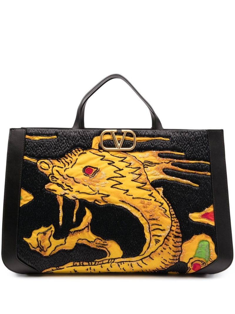 Black Drago Re-edition Vlogo Embroidered Leather Tote Bag