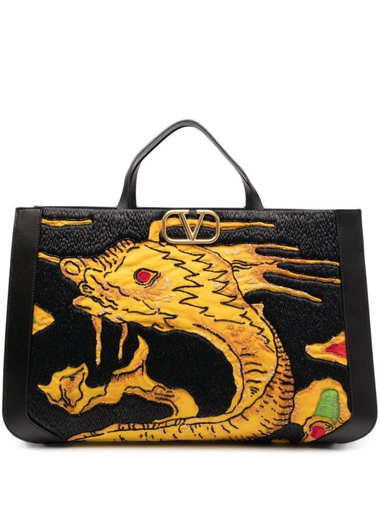 Black Drago Re-edition Vlogo Embroidered Leather Tote Bag
