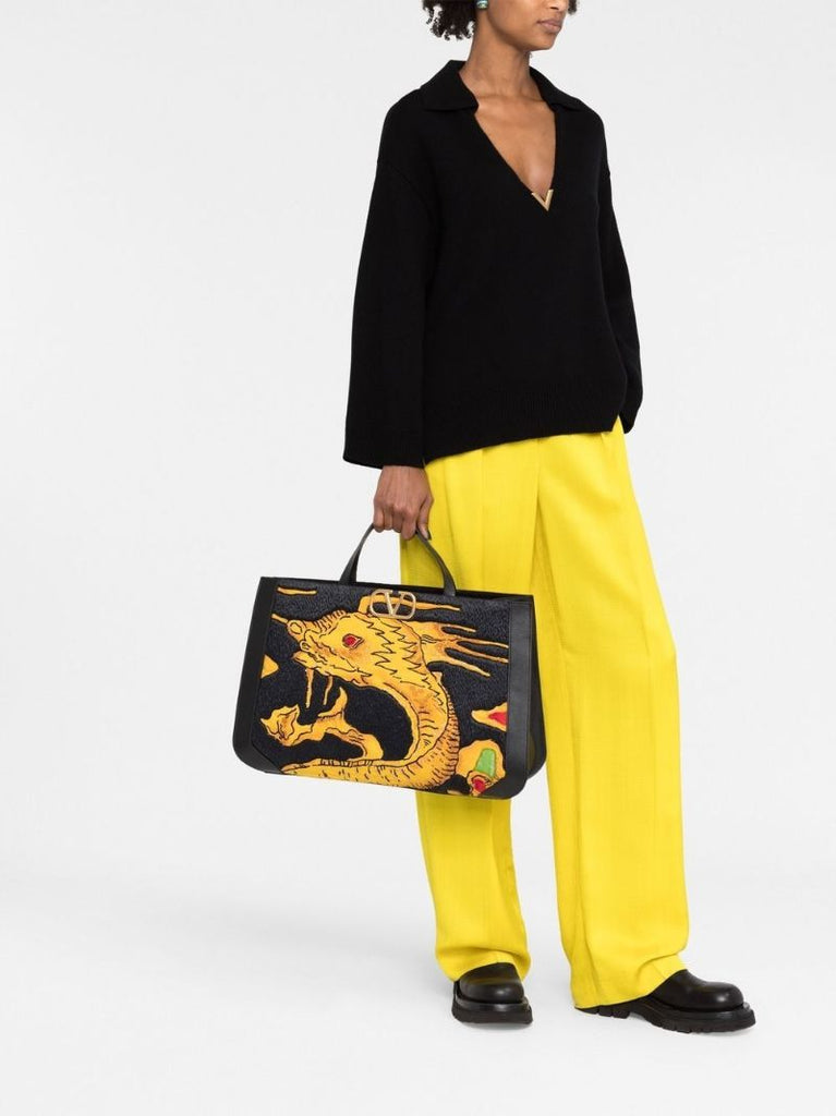 Black Drago Re-edition Vlogo Embroidered Leather Tote Bag