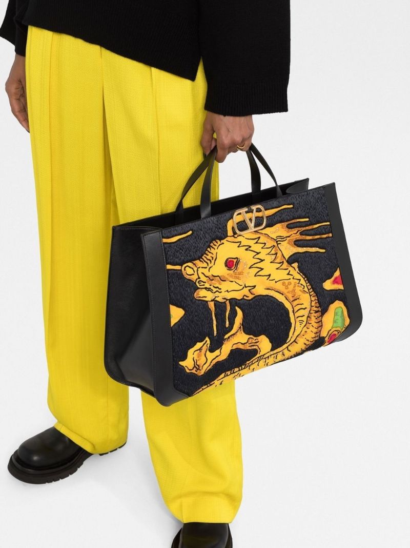 Black Drago Re-edition Vlogo Embroidered Leather Tote Bag