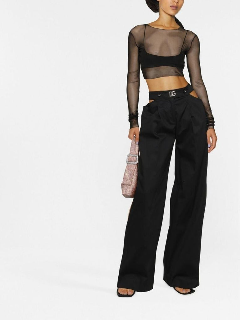 Black Logo Detail Cutout Wide Leg Cotton Trousers