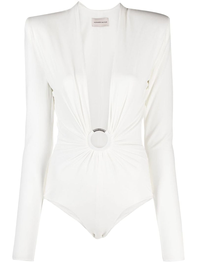 White Crystal-embellished V-neck Bodysuit