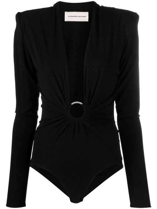 Black Crystal-embellished V-neck Bodysuit