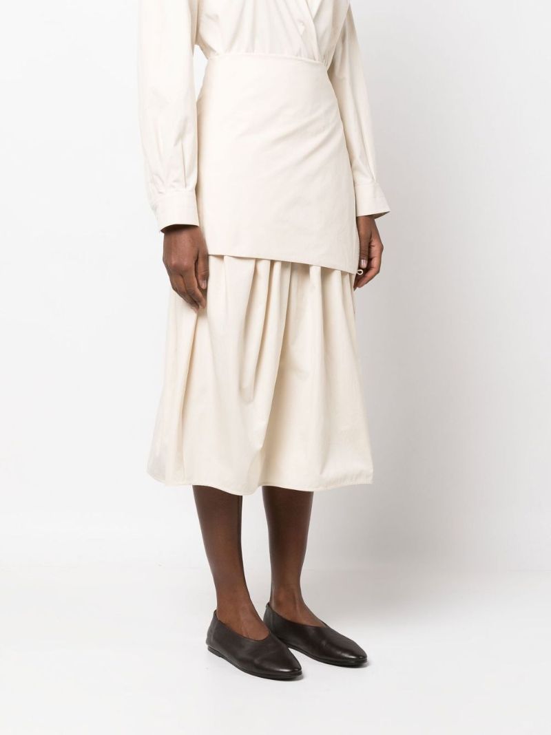 Neutral Ruched Cotton Midi Skirt