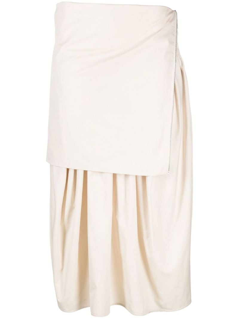 Neutral Ruched Cotton Midi Skirt