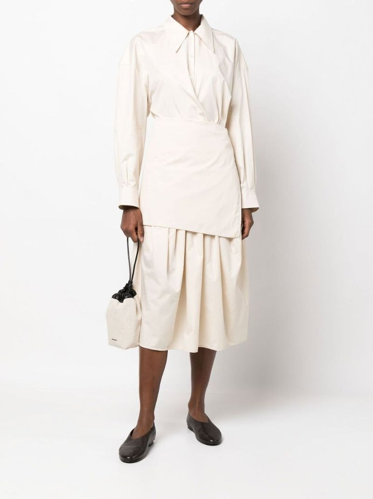 Neutral Ruched Cotton Midi Skirt
