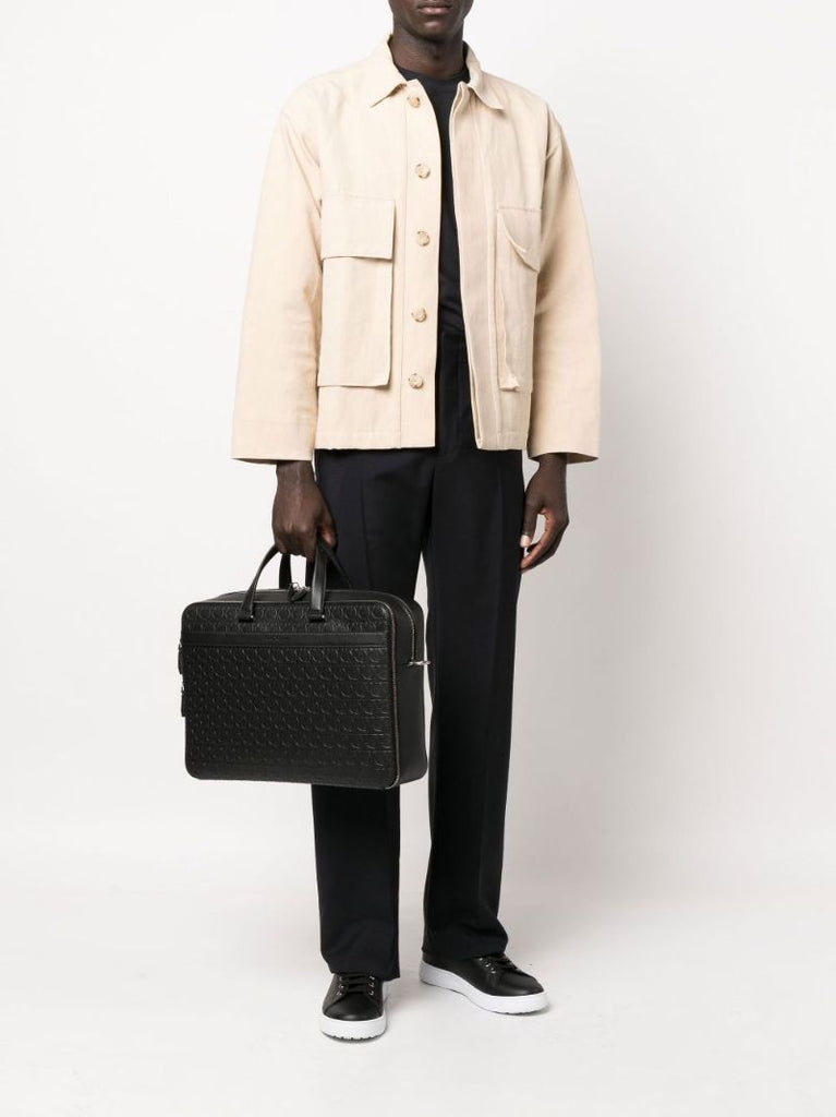 Black Logo Embossed Leather Briefcase