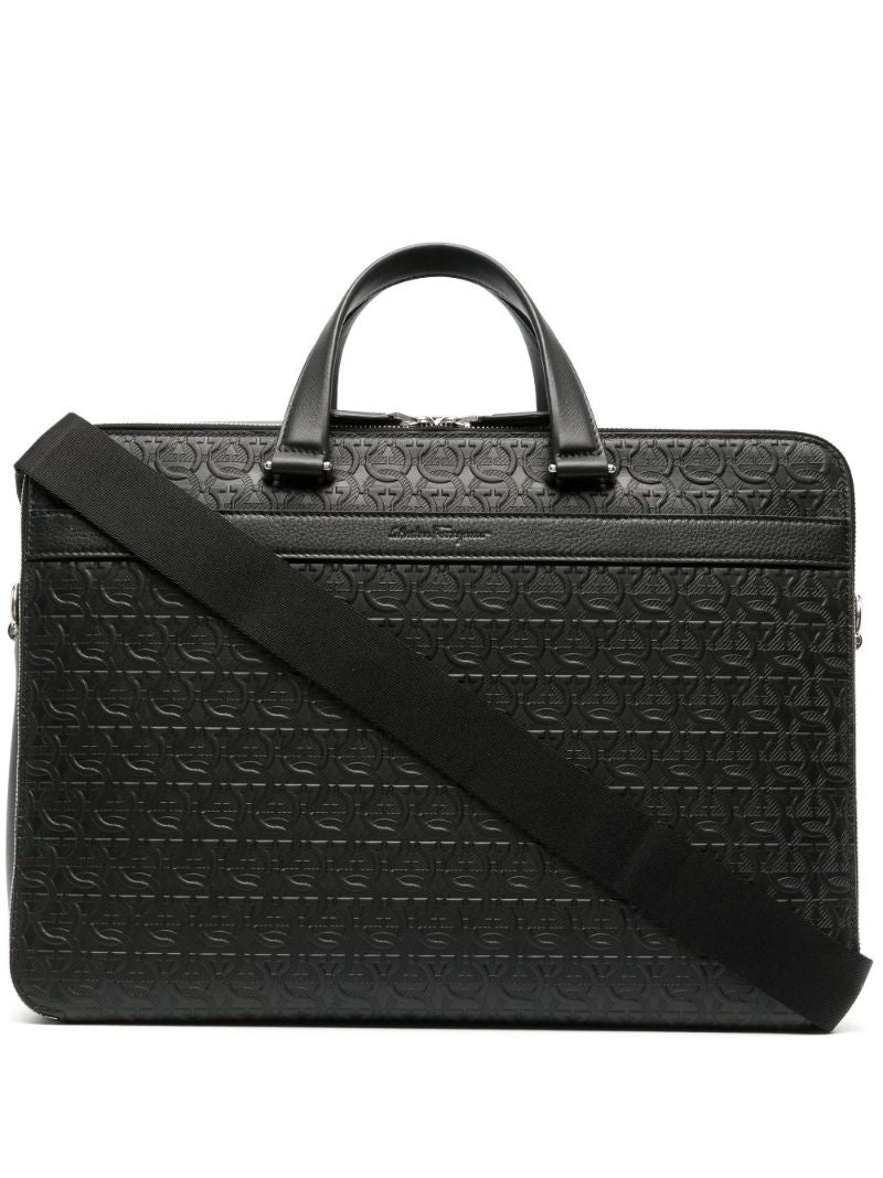 Black Logo Embossed Leather Briefcase