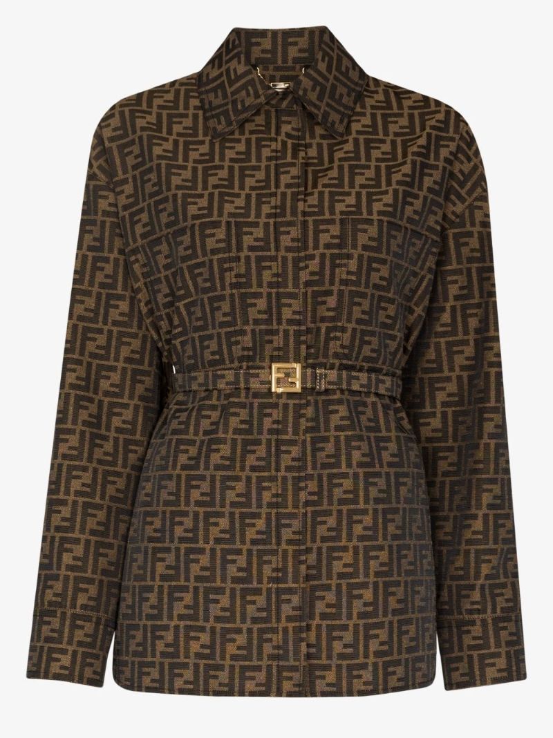 Brown Ff Logo Print Belted Jacket
