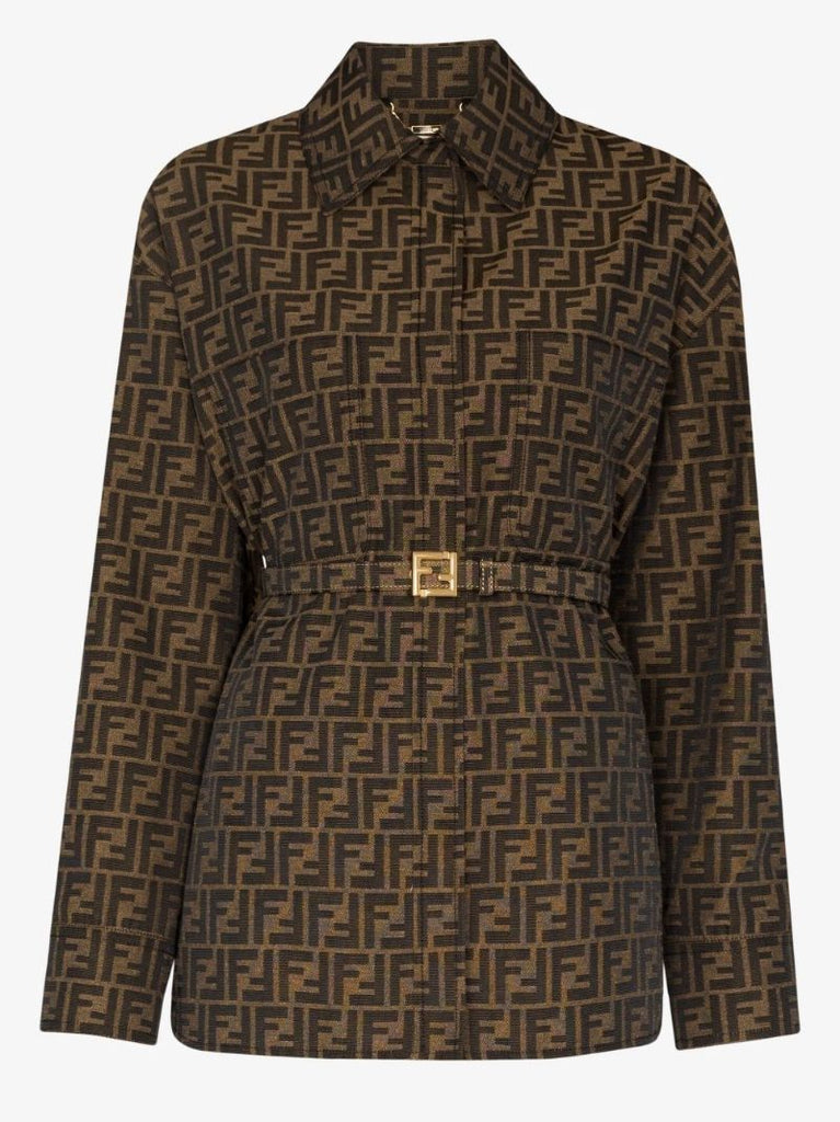Brown Ff Logo Print Belted Jacket