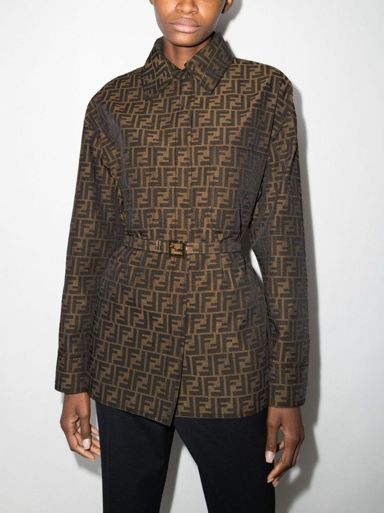 Brown Ff Logo Print Belted Jacket