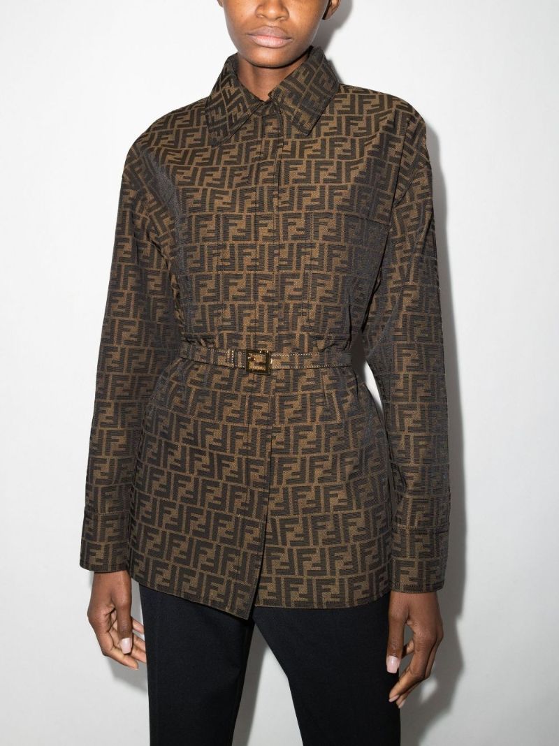 Brown Ff Logo Print Belted Jacket