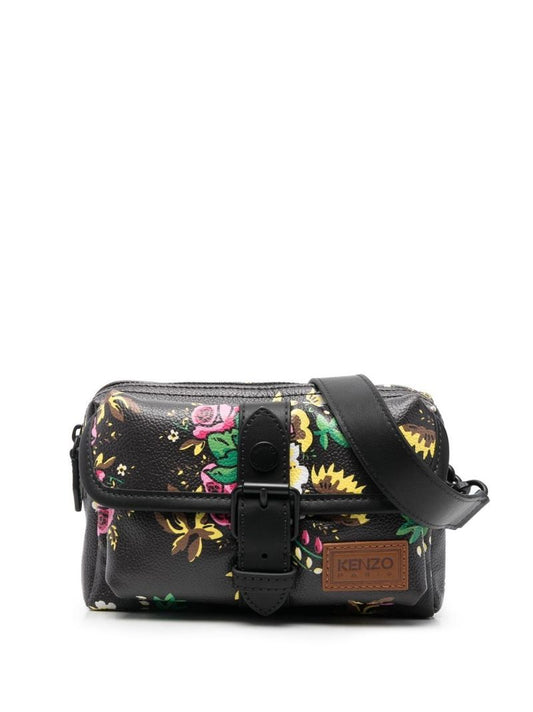 Black Pop Bouquet Leather Messenger Bag