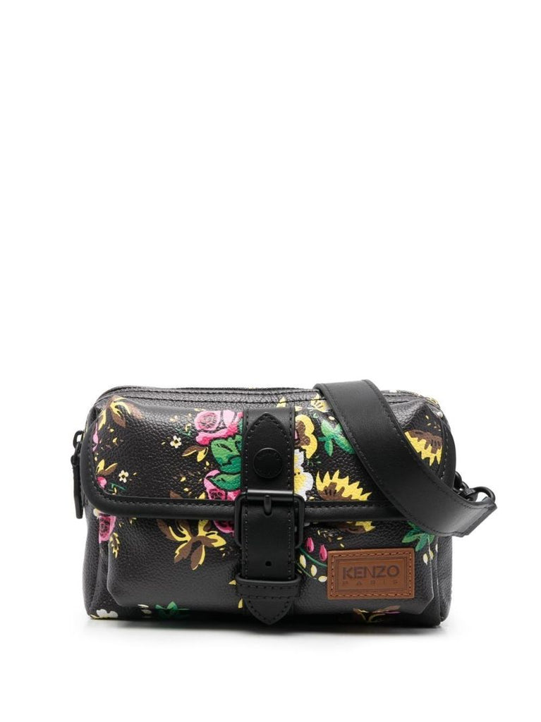 Black Pop Bouquet Leather Messenger Bag