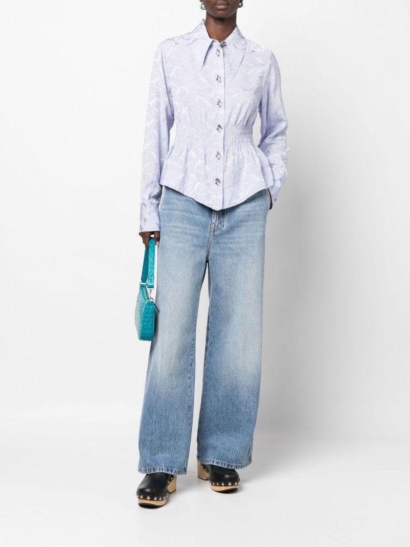 Purple Jacquard Floral Gathered Waist Shirt