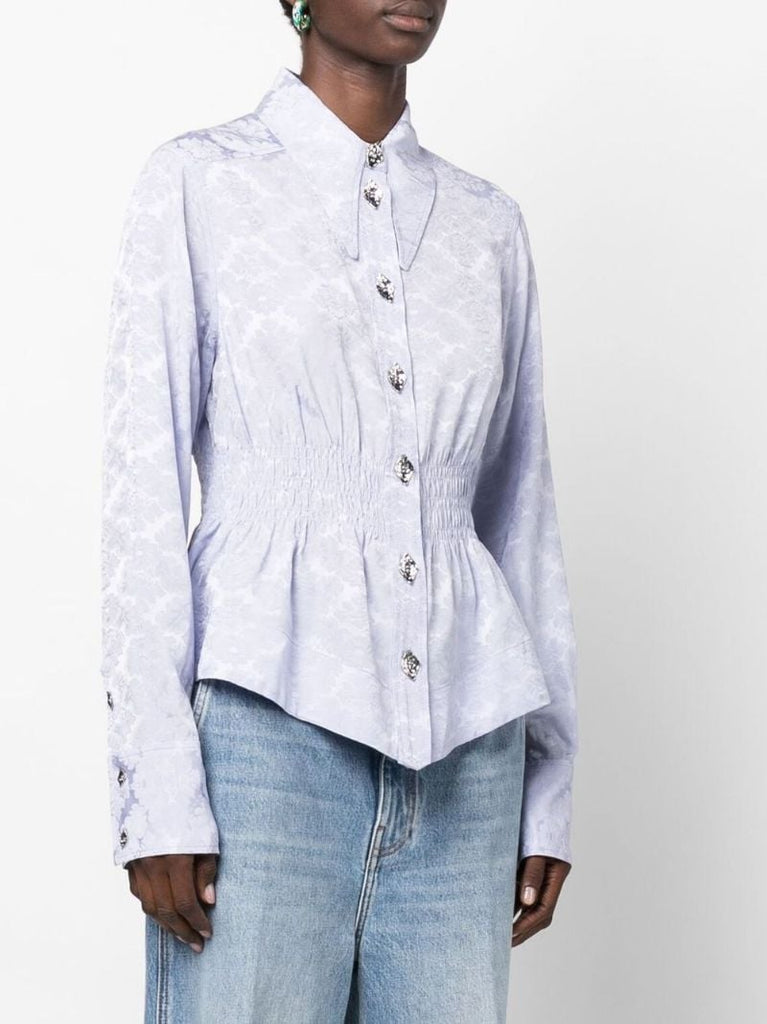 Purple Jacquard Floral Gathered Waist Shirt