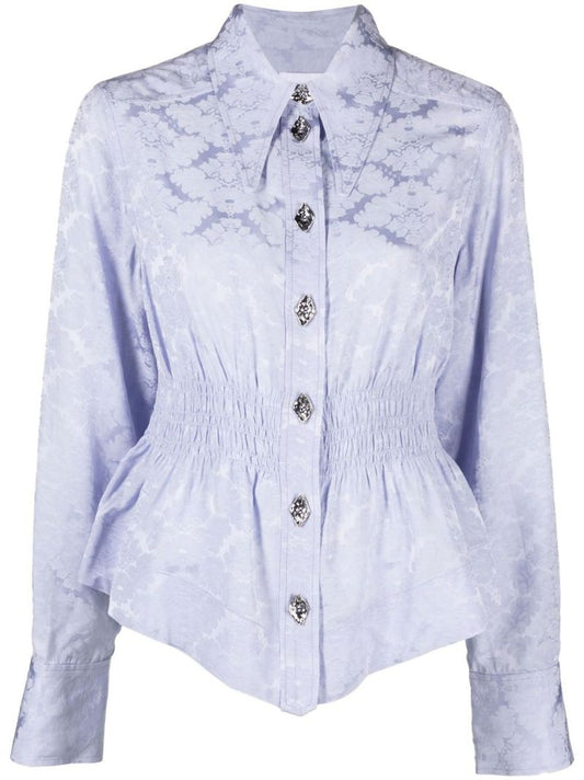 Purple Jacquard Floral Gathered Waist Shirt