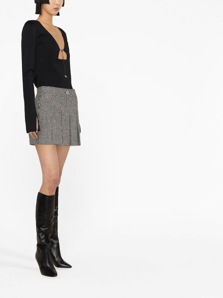 Black Houndstooth Pleated Wool Mini Skirt
