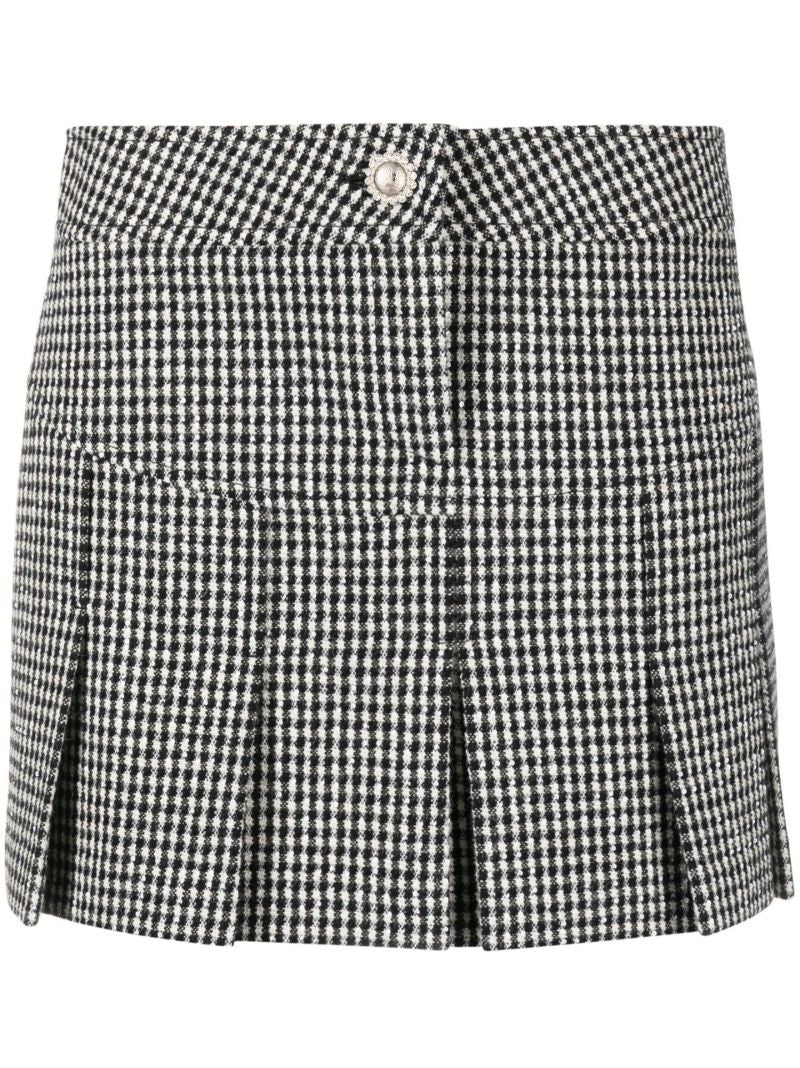Black Houndstooth Pleated Wool Mini Skirt