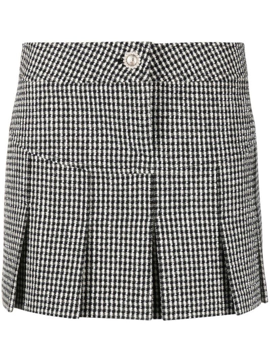 Black Houndstooth Pleated Wool Mini Skirt