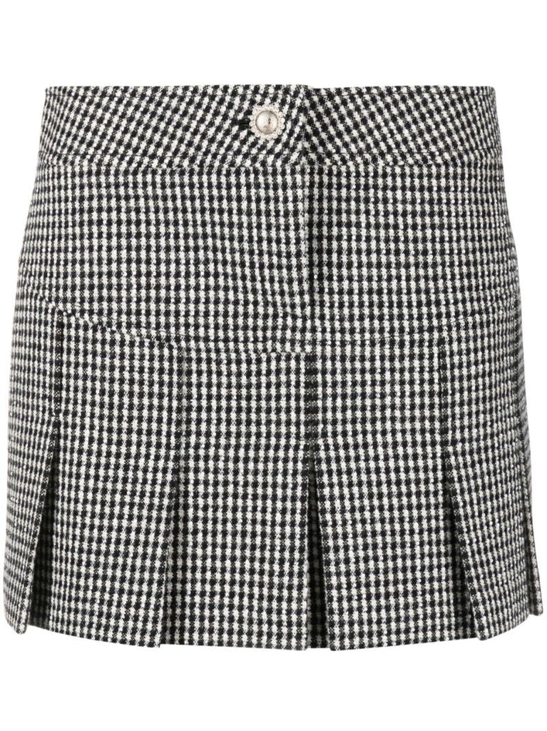 Black Houndstooth Pleated Wool Mini Skirt