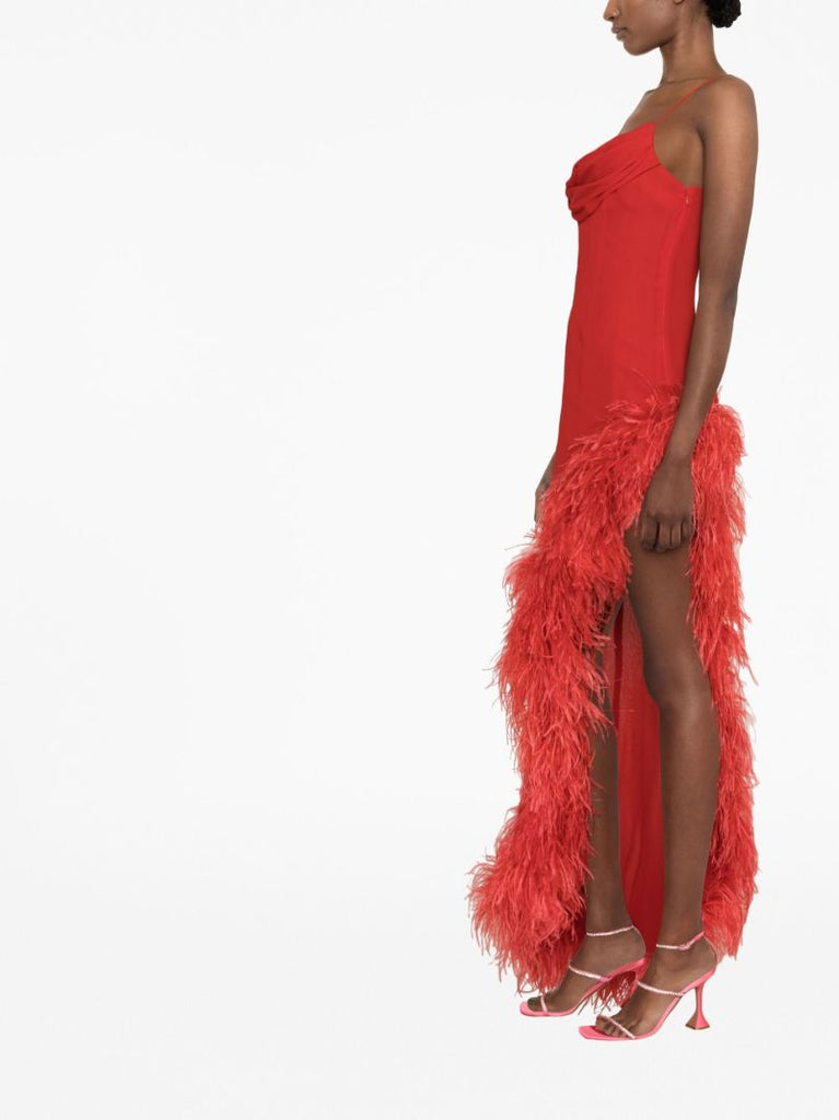 Red Asymmetric Feather-trim Silk Gown