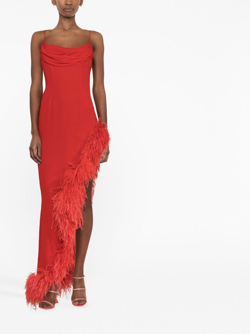 Red Asymmetric Feather-trim Silk Gown