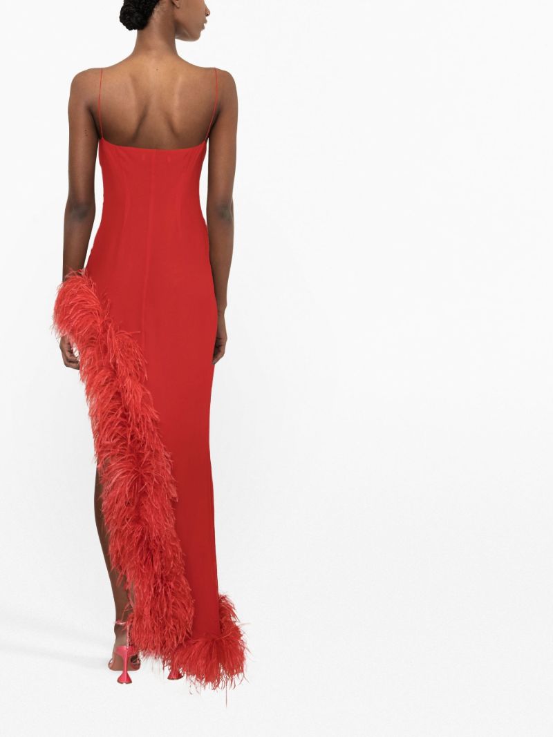 Red Asymmetric Feather-trim Silk Gown