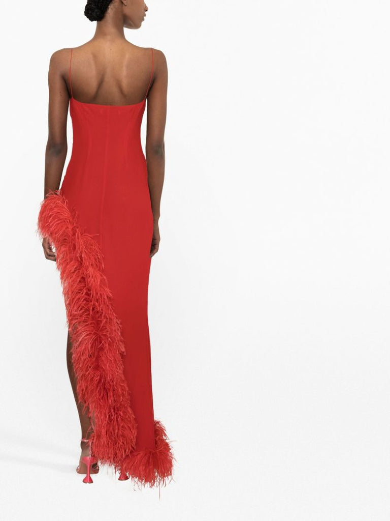 Red Asymmetric Feather-trim Silk Gown