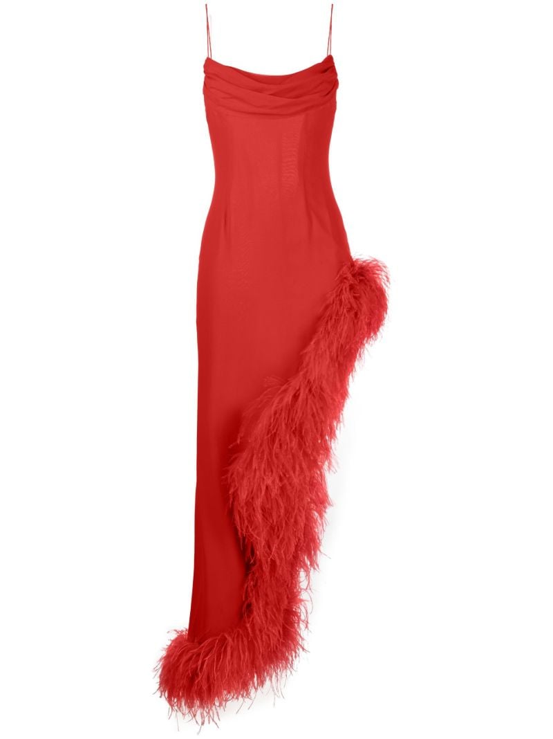 Red Asymmetric Feather-trim Silk Gown