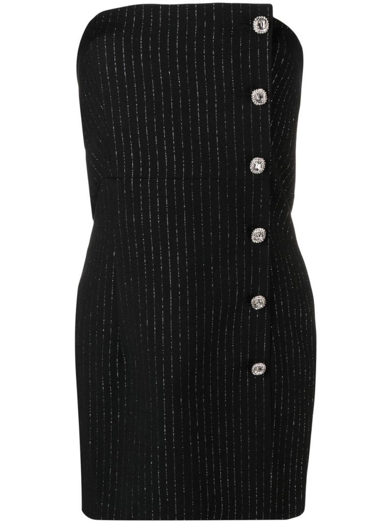 Black Pinstripe Strapless Wool Mini Dress