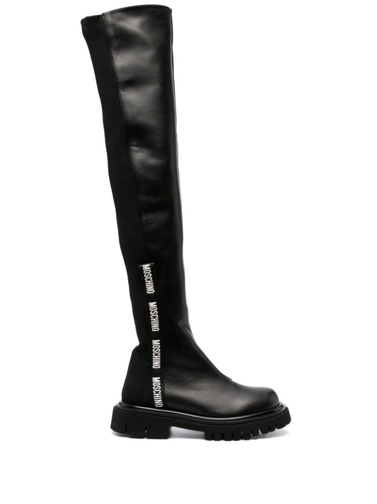 Black Logo Tape Over-the-knee Leather Boots