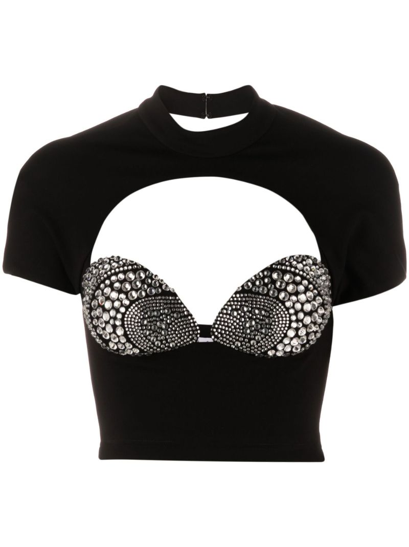 Black Crystal Embellished Cropped Top
