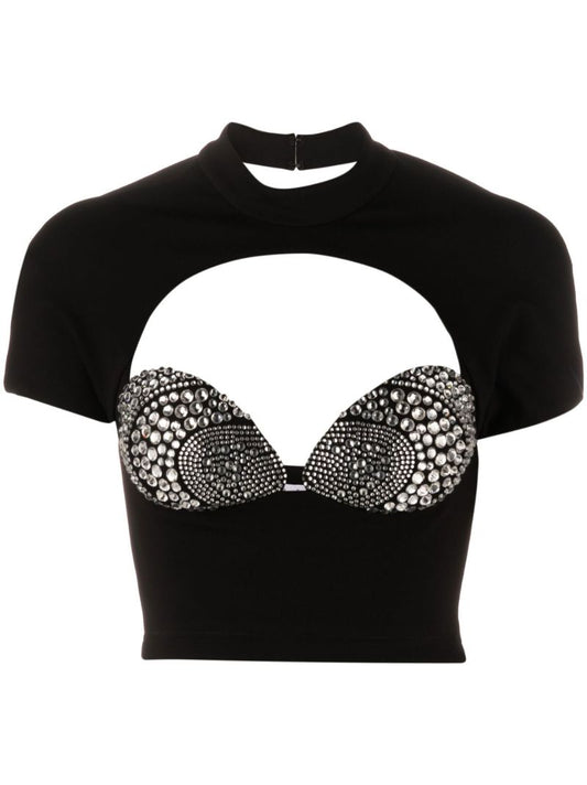 Black Crystal Embellished Cropped Top