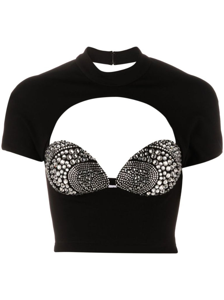Black Crystal Embellished Cropped Top