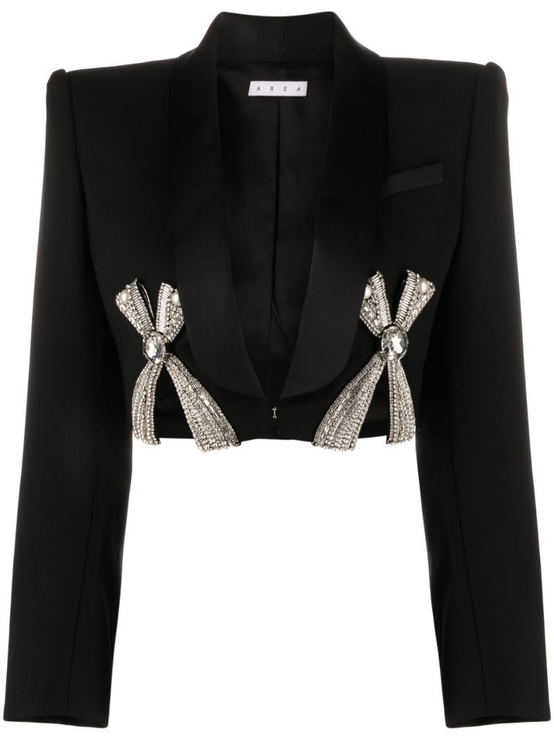 Black Bow-detailed Cropped Wool Blazer