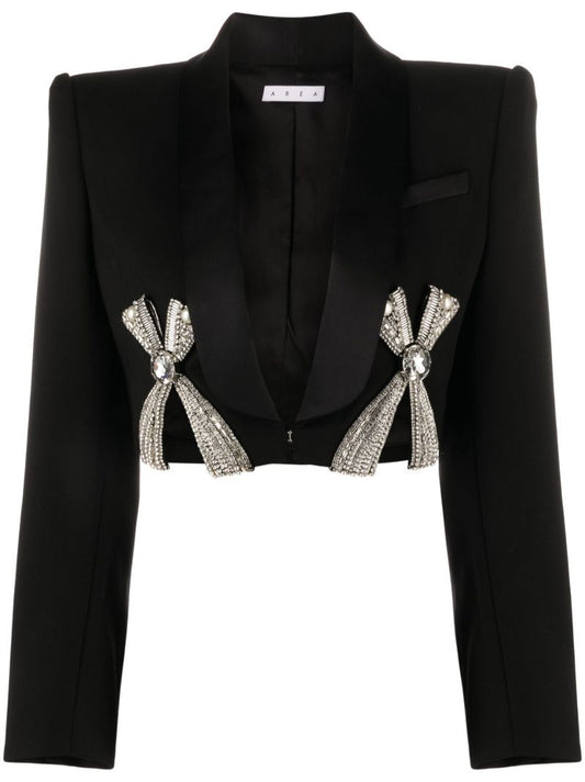 Black Bow-detailed Cropped Wool Blazer