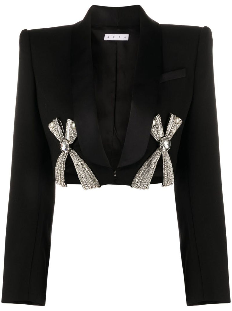 Black Bow-detailed Cropped Wool Blazer