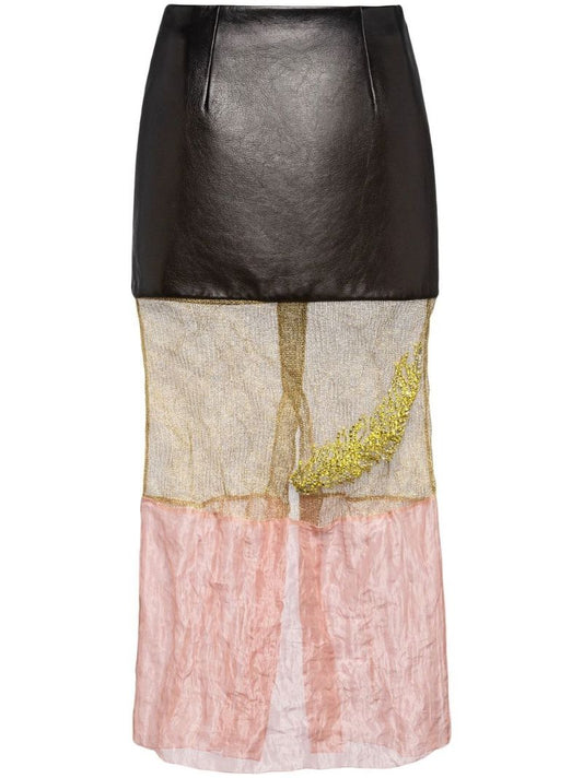 Black Panelled Leather Midi Skirt