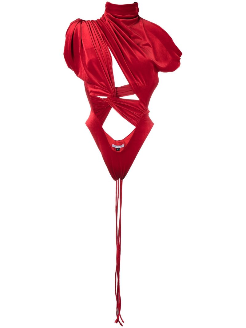 Red Hand-draped Geometric Bodysuit