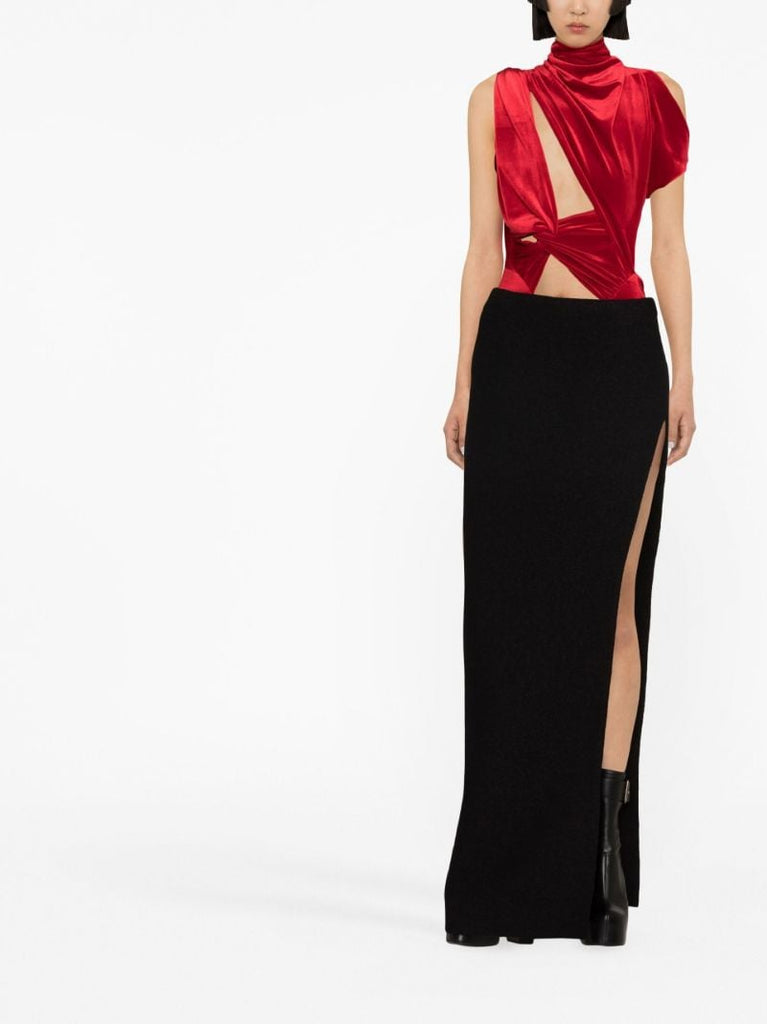 Red Hand-draped Geometric Bodysuit