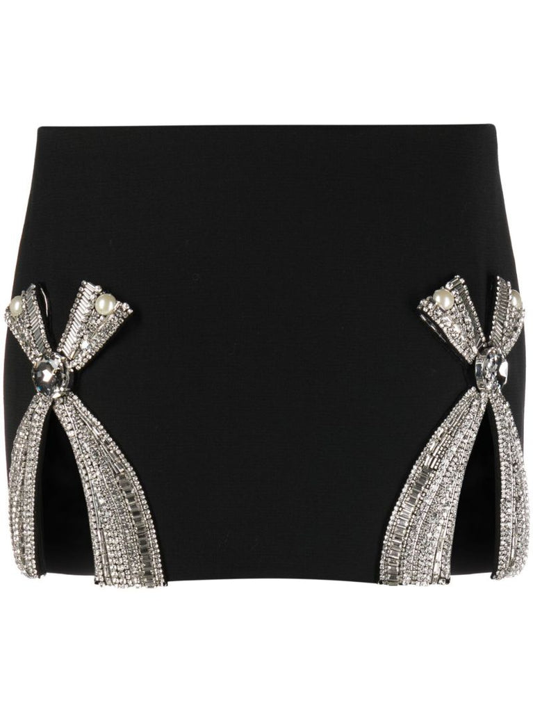 Black Crystal Embellished Wool Skirt