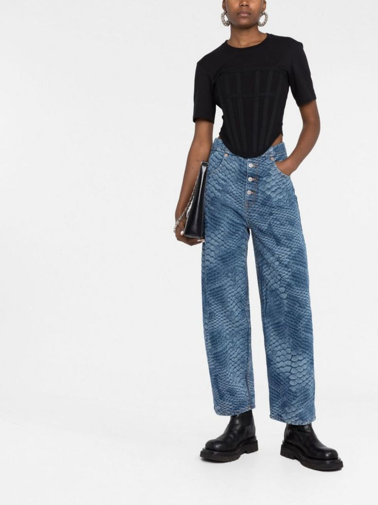 Blue Python Print Straight-leg Jeans